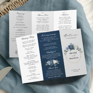 Dusty Blue Ivory Floral Tri-fold Wedding Program