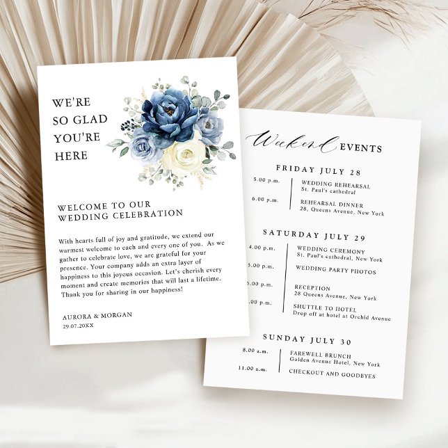 Dusty Blue Ivory Floral Weekend Events Program Invitation (Dusty Blue Ivory Floral Weekend Events Budget  Wedding Program card)