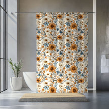 Dusty Blue Ivory Flowers Elegant Bohemian Curtain