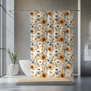 Dusty Blue Ivory Flowers Elegant Bohemian Curtain