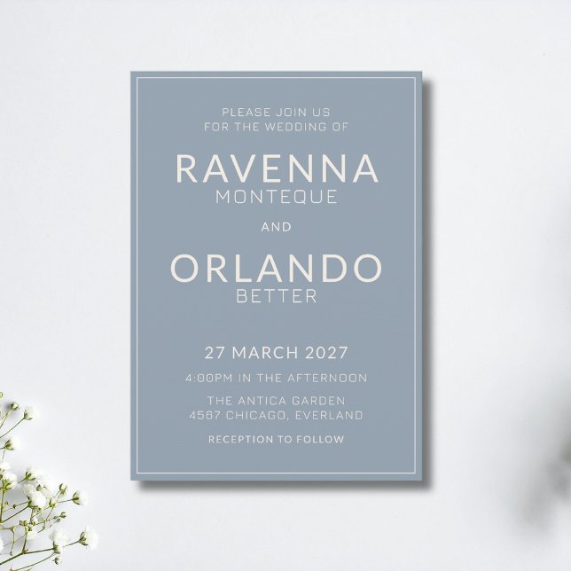 Dusty Blue Ivory Frame Old Money Modern Wedding Invitation (Creator Uploaded)