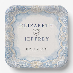 Dusty Blue Ivory Lace Old Money Wedding Paper Plate