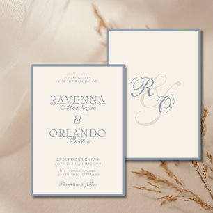 Dusty Blue Ivory Monogram Glam   Old Money Wedding Invitation