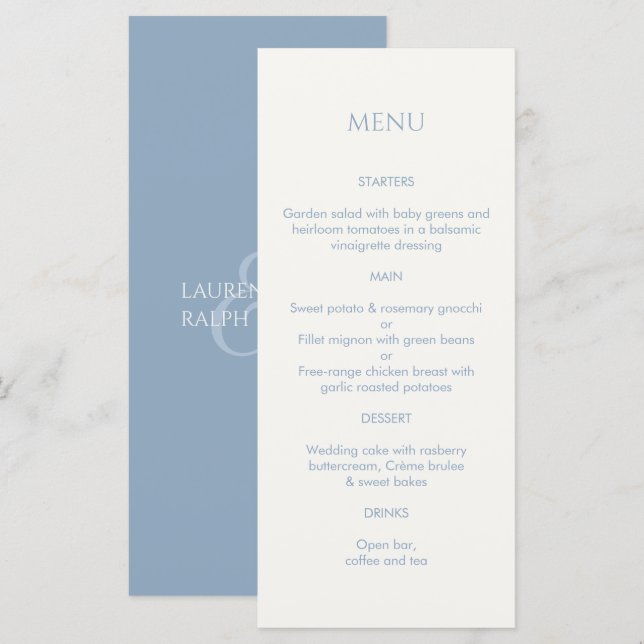 Dusty Blue & Ivory Monogrammed Wedding Menu (Front/Back)
