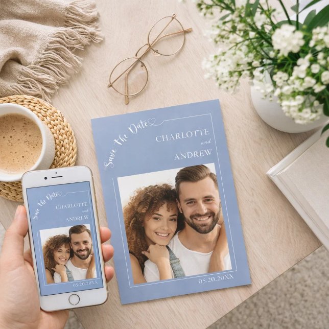 Dusty blue ivory photo wedding Save the Date (Creator Uploaded)