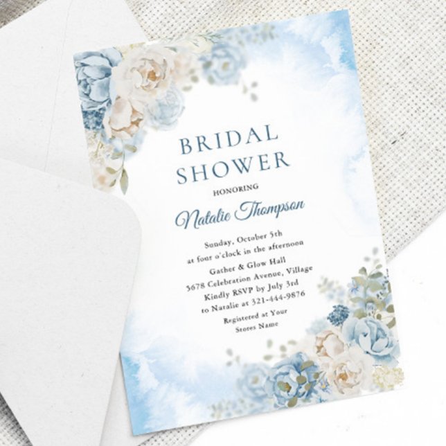 Dusty Blue Ivory Rose Flowers Bridal Shower Invitation (Creator Uploaded)