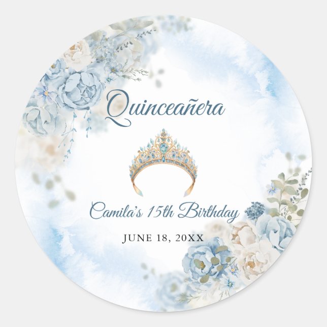 Dusty Blue Ivory Rose Flowers Quinceanera Birthday Classic Round Sticker (Front)