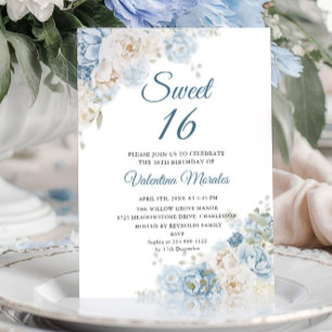 Dusty Blue Ivory Rose Flowers Sweet Sixteen 16 Invitation