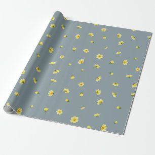 Dusty Blue Japanese Winter Cosmos Floral Pattern Wrapping Paper