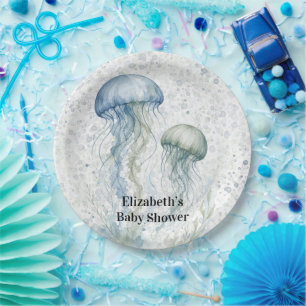 Dusty Blue Jellyfish Boy Baby Shower Paper Plate