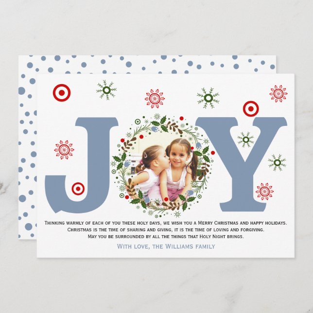 Dusty blue Joy, Christmas floral wreath photo Holiday Card (Front/Back)