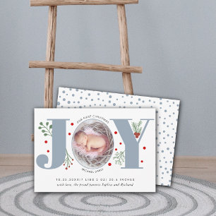 Dusty blue Joy First Christmas photo baby birth Announcement