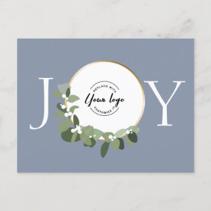 Dusty blue Joy Modern Green Eucalyptus wreath logo Holiday Postcard