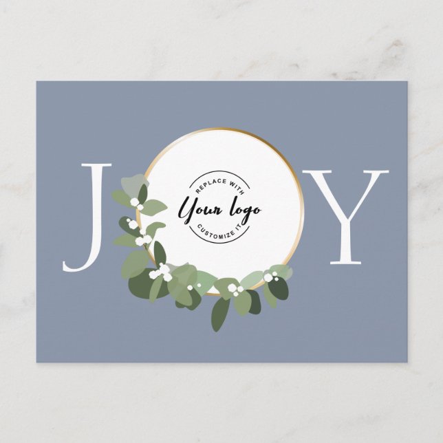 Dusty blue Joy Modern Green Eucalyptus wreath logo Holiday Postcard (Front)