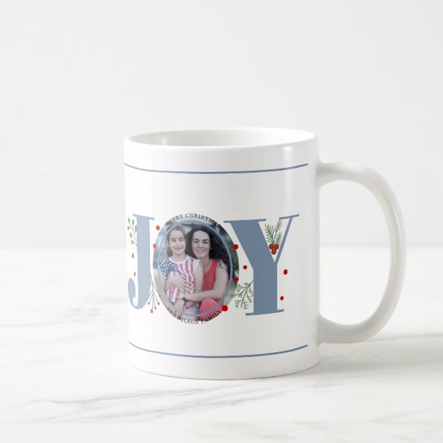 Dusty blue Joy with berries Christmas photo Coffee Mug (Right)