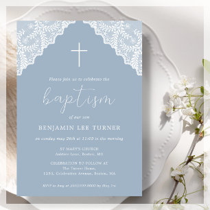 Dusty Blue Lace   Baptism Invitation