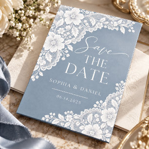 Dusty Blue Lace Floral Elegant Wedding Save The Date