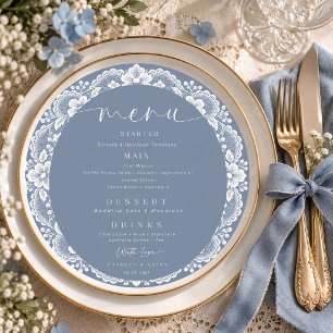 Dusty Blue Lace Floral Wedding Menu For Plate