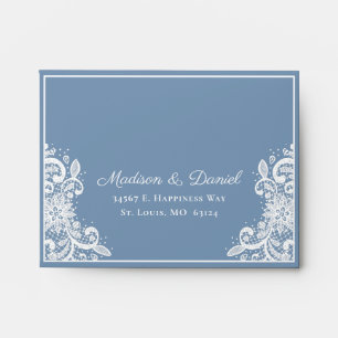 Dusty Blue Lace Lights Wedding RSVP Return Address Envelope