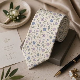 Dusty Blue & Lavender Watercolor Botanical Wedding Tie