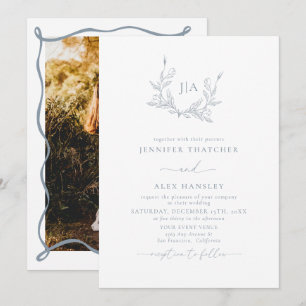 Dusty Blue Leaf Botanical Monogram Photo Wedding Invitation