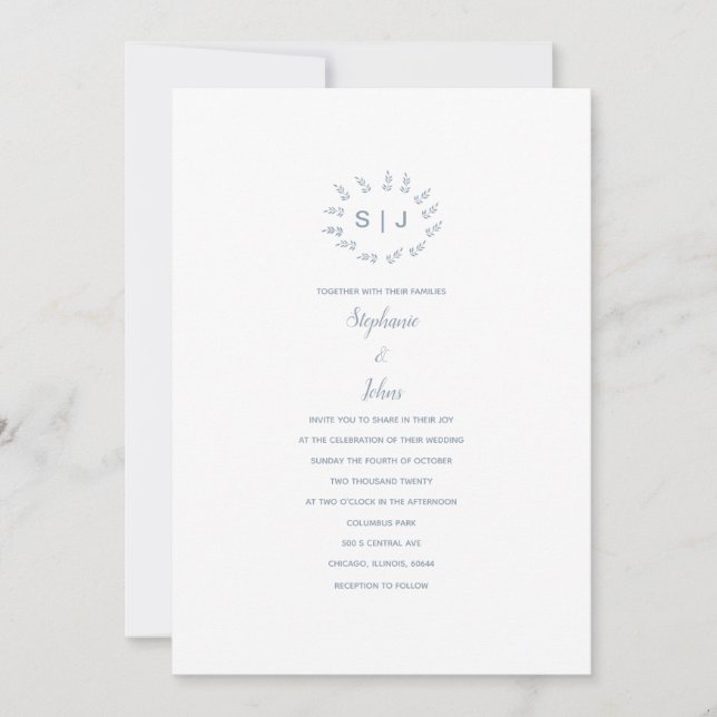 Dusty Blue Leafy Crest Custom Simple Wedding 2024 Invitation (Front)