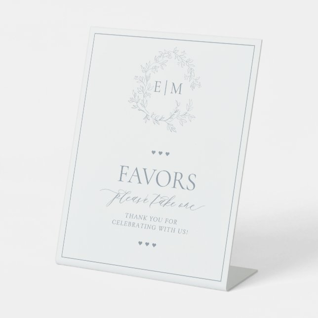Dusty Blue Leafy Crest Monogram Favours Pedestal Sign (Front)