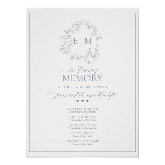 Dusty Blue Leafy Crest Monogram In Loving Memory Poster (Front)