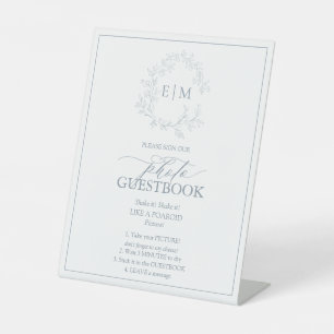 Dusty Blue Leafy Crest Monogram Photo Guestbook Pedestal Sign