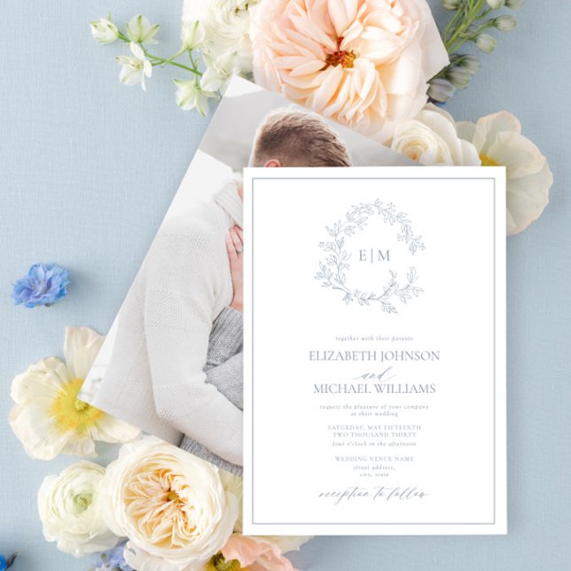 Dusty Blue Leafy Crest Monogram Photo Wedding Invitation (Creator Uploaded)