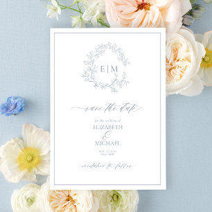 Dusty Blue Leafy Crest Monogram Save the Date Invitation