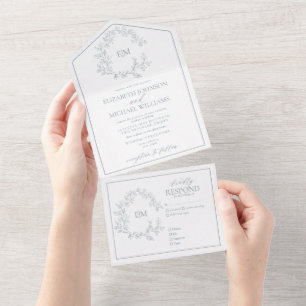 Dusty Blue Leafy Crest Monogram Wedding All In One Invitation