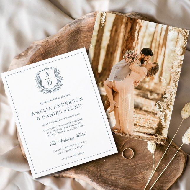 Dusty Blue Leafy Crest Monogram Wedding Elegant (Creator Uploaded)