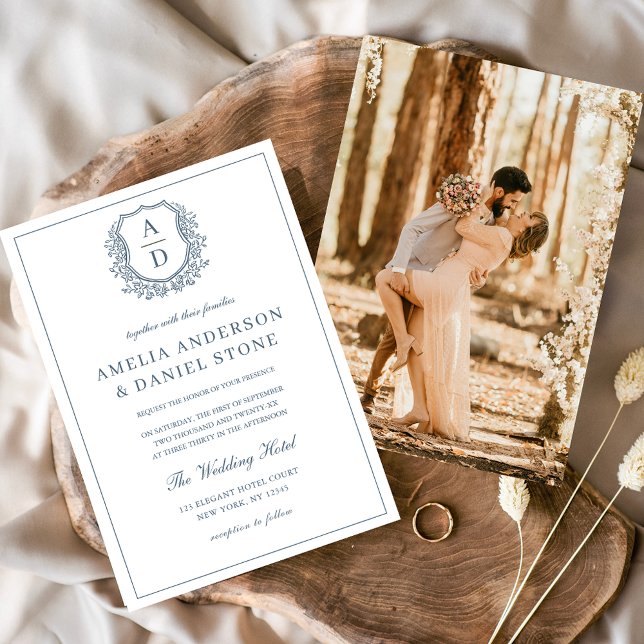 Dusty Blue Leafy Crest Monogram Wedding Elegant Invitation (Creator Uploaded)