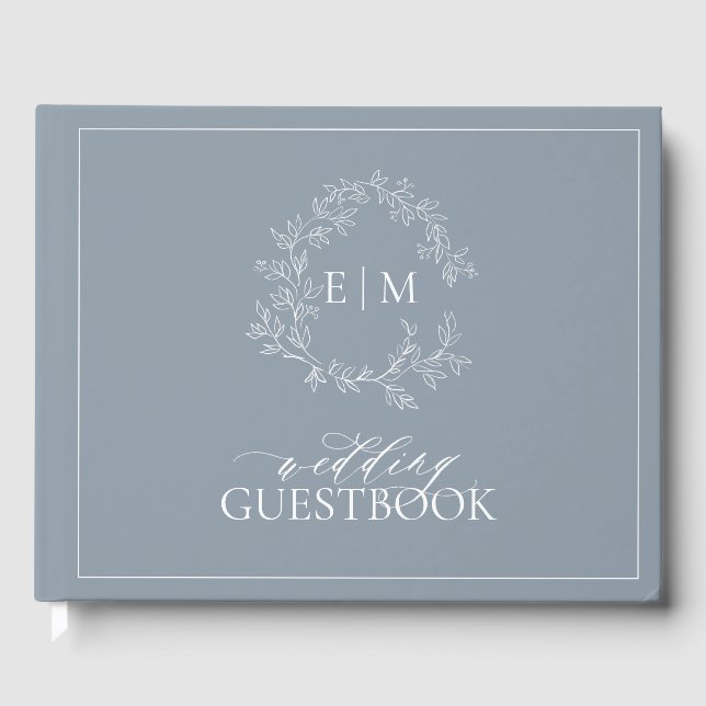 Dusty Blue Leafy Crest Monogram Wedding Guest Book (Front)