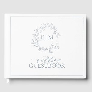 Dusty Blue Leafy Crest Monogram Wedding Guest Book