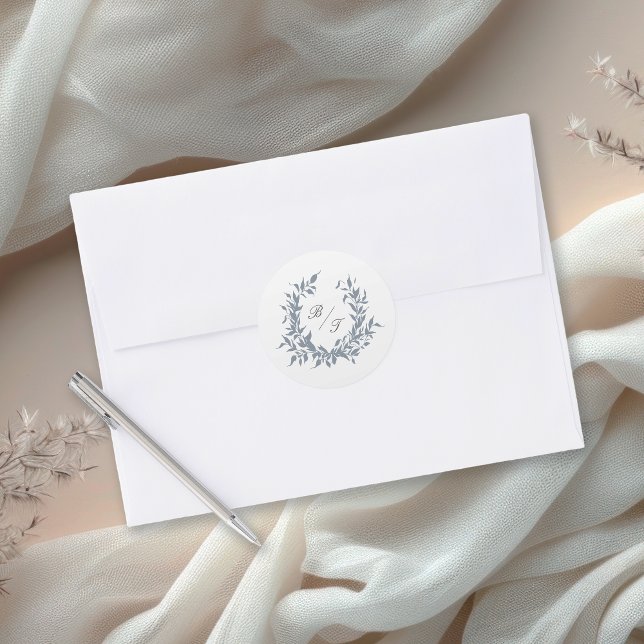 Dusty Blue Leafy Crest Monogram Wedding Logo Classic Round Sticker (Creator Uploaded)