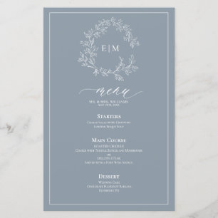 Dusty Blue Leafy Crest Monogram Wedding Menu