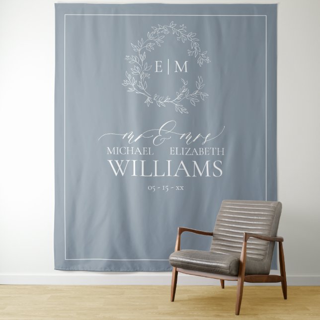 Dusty Blue Leafy Crest Monogram Wedding Photo Tapestry (In Situ)