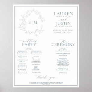 Dusty Blue Leafy Crest Monogram Wedding Program Poster