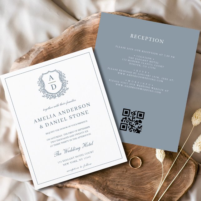 Dusty Blue Leafy Crest Monogram Wedding QR Code (Creator Uploaded)
