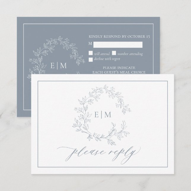Dusty Blue Leafy Crest Monogram Wedding RSVP Card (Front/Back)