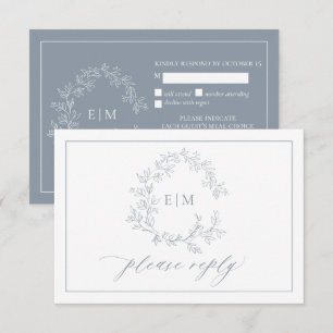 Dusty Blue Leafy Crest Monogram Wedding RSVP Card