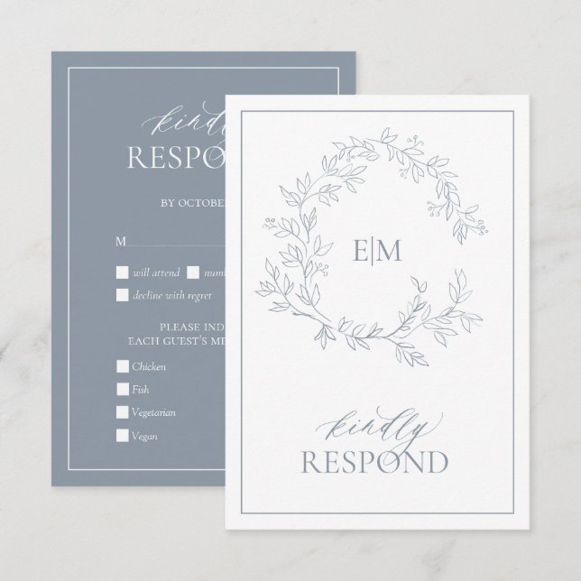 Dusty Blue Leafy Crest Monogram Wedding RSVP Card (Front/Back)