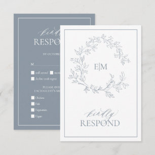 Dusty Blue Leafy Crest Monogram Wedding RSVP Card