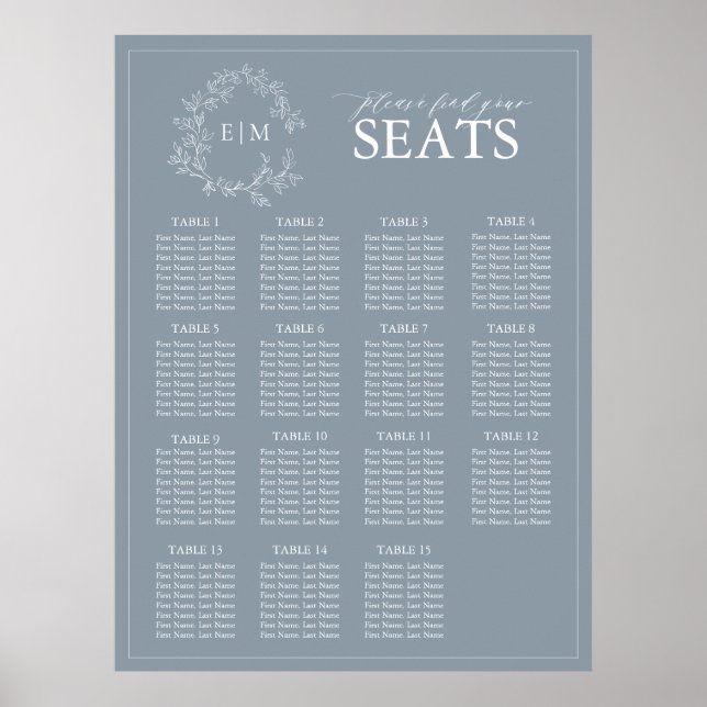 Dusty Blue Leafy Crest Monogram Wedding Seating Poster (Front)
