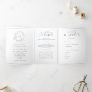 Dusty Blue Leafy Crest Monogram Wedding Tri-Fold Invitation