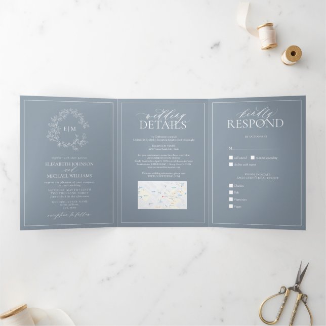 Dusty Blue Leafy Crest Monogram Wedding Tri-Fold Invitation (Inside)