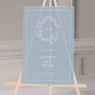 Dusty Blue Leafy Crest Monogram Welcome Wedding Acrylic Sign