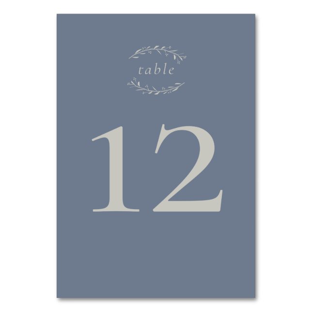 Dusty Blue Leaves and Berries Wedding Table Number (Front)